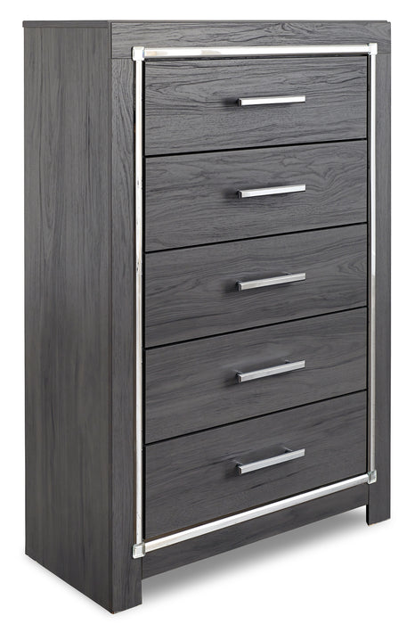 Lodanna King Panel Bed with 2 Storage Drawers, Dresser, Mirror, Chest and Nightstand