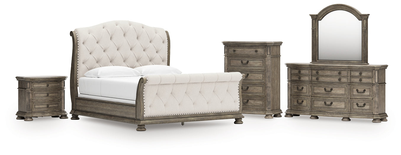 Ardenfield King Upholstered Sleigh Bed with Mirrored Dresser, Chest and Nightstand