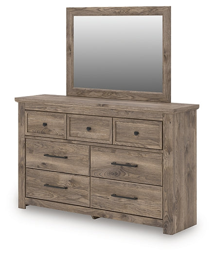 Rusticott Queen Poster Bed with Mirrored Dresser and Nightstand