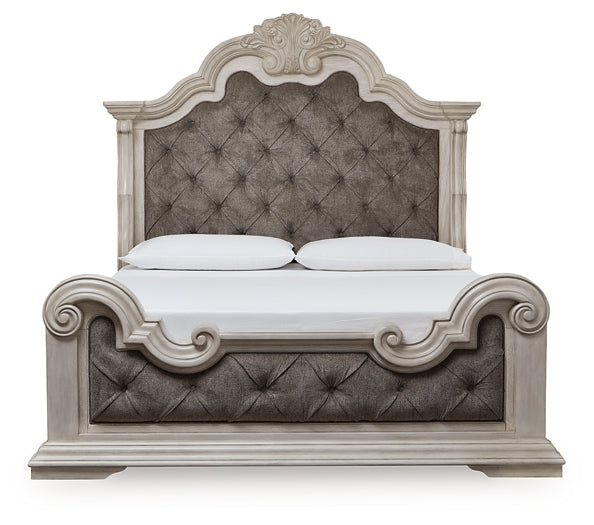 Bruchandi King Upholstered Panel Bed with Mirrored Dresser and Nightstand