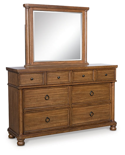 Rowlenstown Queen Poster Bed with Mirrored Dresser