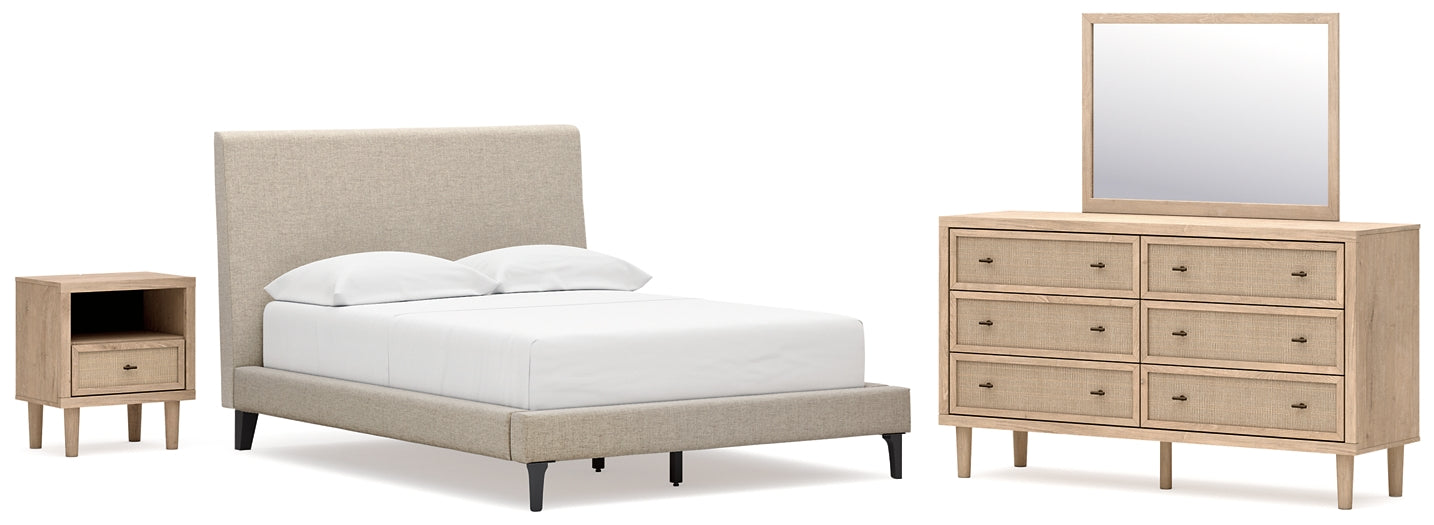 Cielden Full Upholstered Bed with Roll Slats, Dresser, Mirror and Nightstand