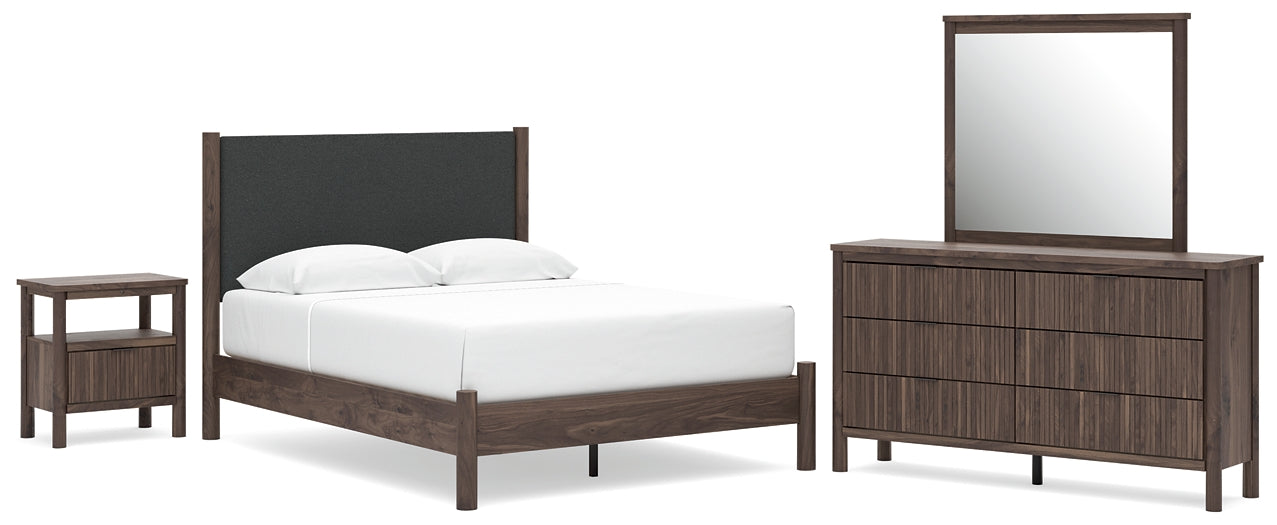 Pamytta Queen Upholstered Panel Platform Bed, Dresser, Mirror and Nightstand