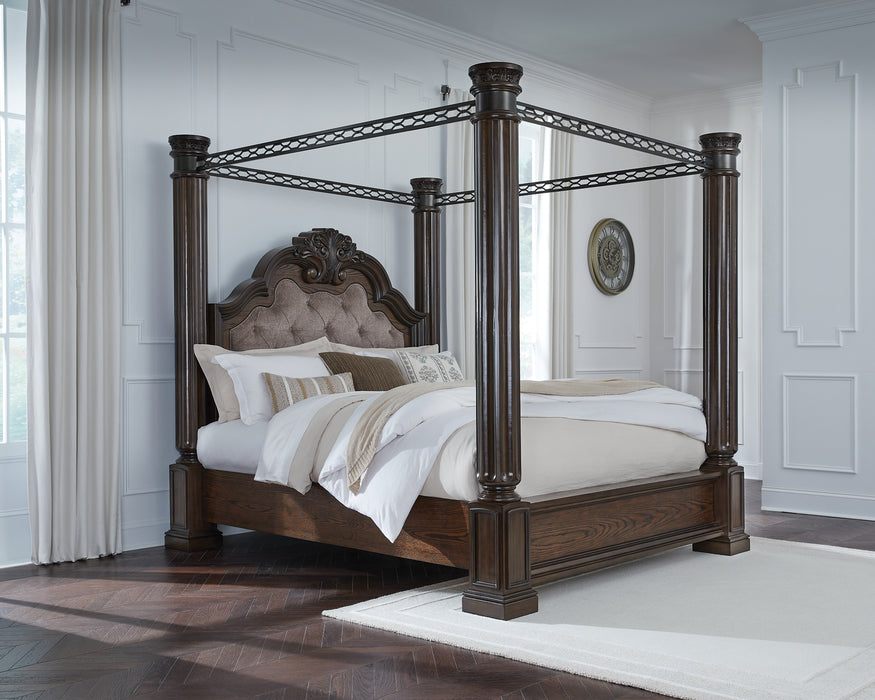 Maylee California King Canopy Bed, Dresser, Mirror and Nightstand