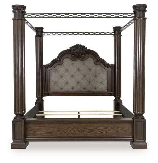 Maylee Queen Canopy Bed, Dresser, Mirror and Nightstand