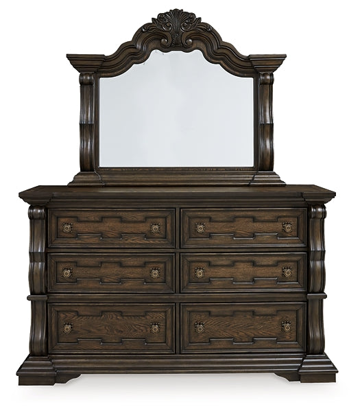 Maylee California King Canopy Bed, Dresser, Mirror, Chest and Nightstand