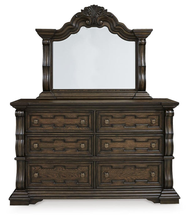 Maylee Queen Upholstered Bed, Dresser, Mirror, Chest and Nightstand