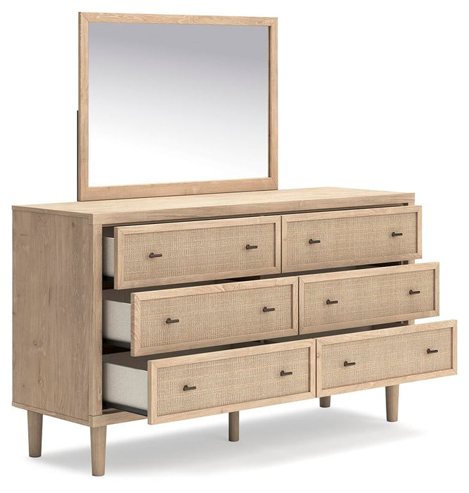 Cielden Full Upholstered Panel Bed with Mirrored Dresser, Chest and Nightstand