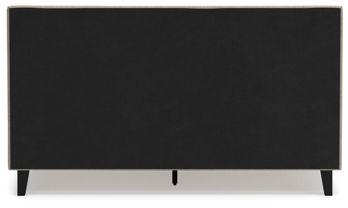 Cielden California King Upholstered Bed with Roll Slats, Dresser, Mirror, Chest and Nightstand