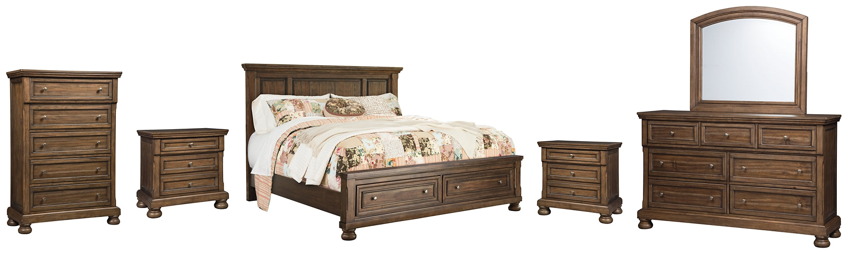 Flynnter Queen Panel Bed with 2 Storage Drawers with Mirrored Dresser, Chest and 2 Nightstands