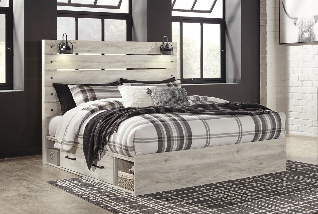 Cambeck King Panel Bed with 2 Storage Drawers with Mirrored Dresser and Chest