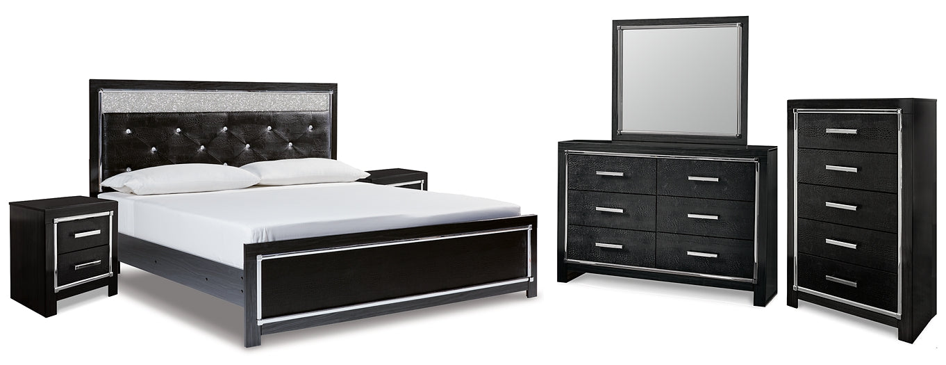 Kaydell King Upholstered Panel Platform Bed with Mirrored Dresser, Chest and 2 Nightstands