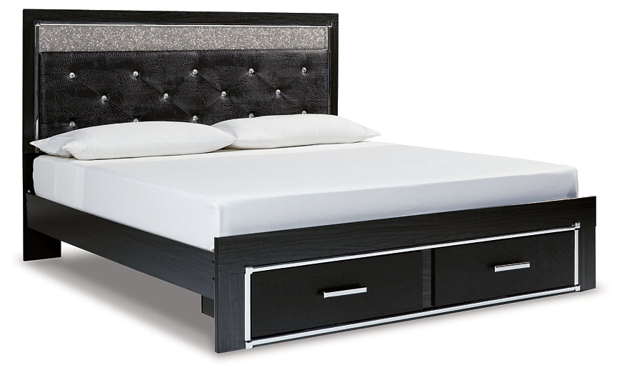 Kaydell King Upholstered Panel Storage Bed with Mirrored Dresser and Chest