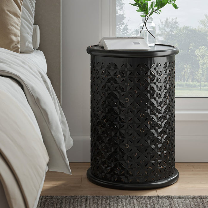 Decker Hand-Carved Drum Accent Table